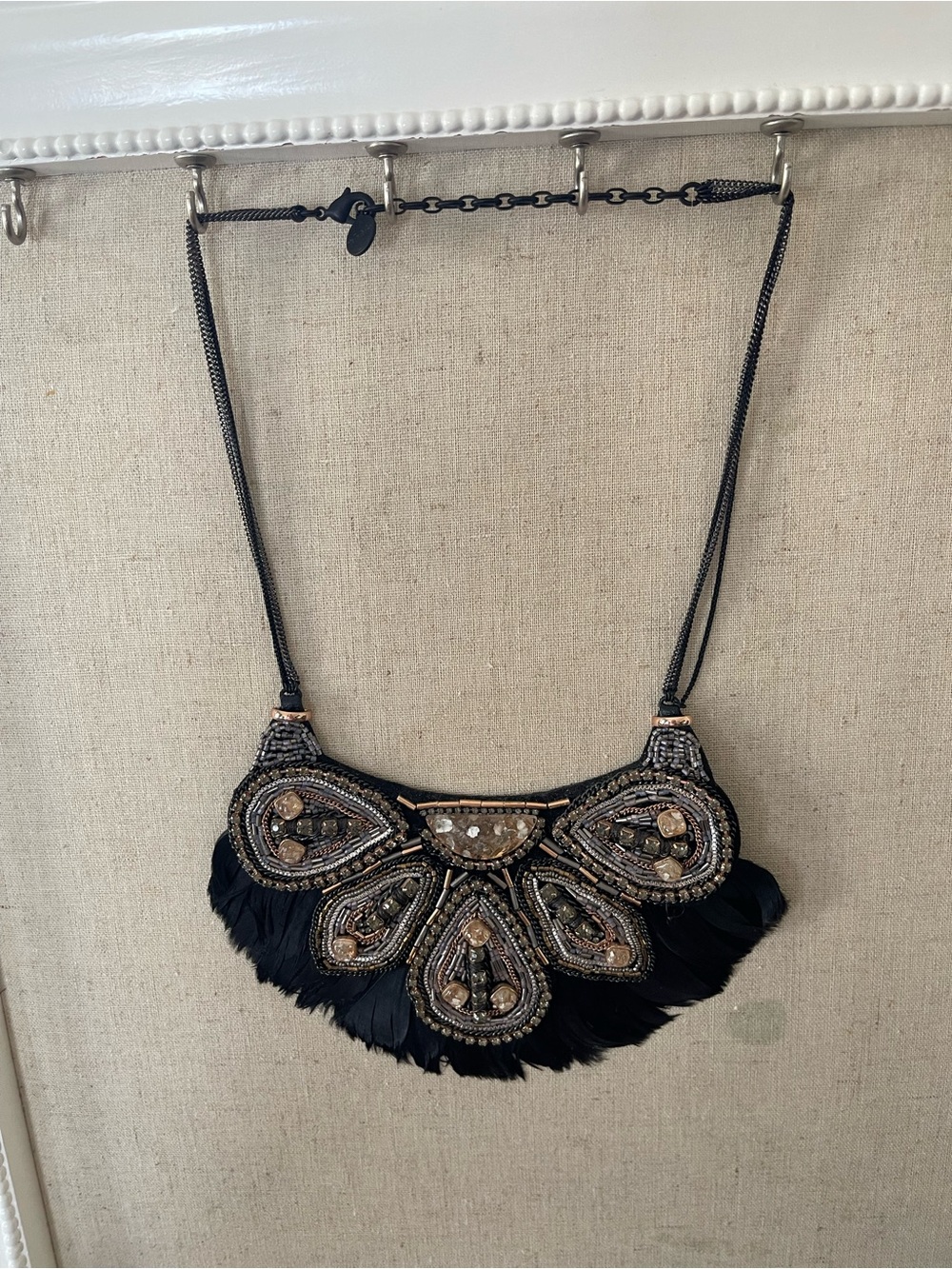 Stella & Dot Black and Gold Beaded Feather Bib Necklace